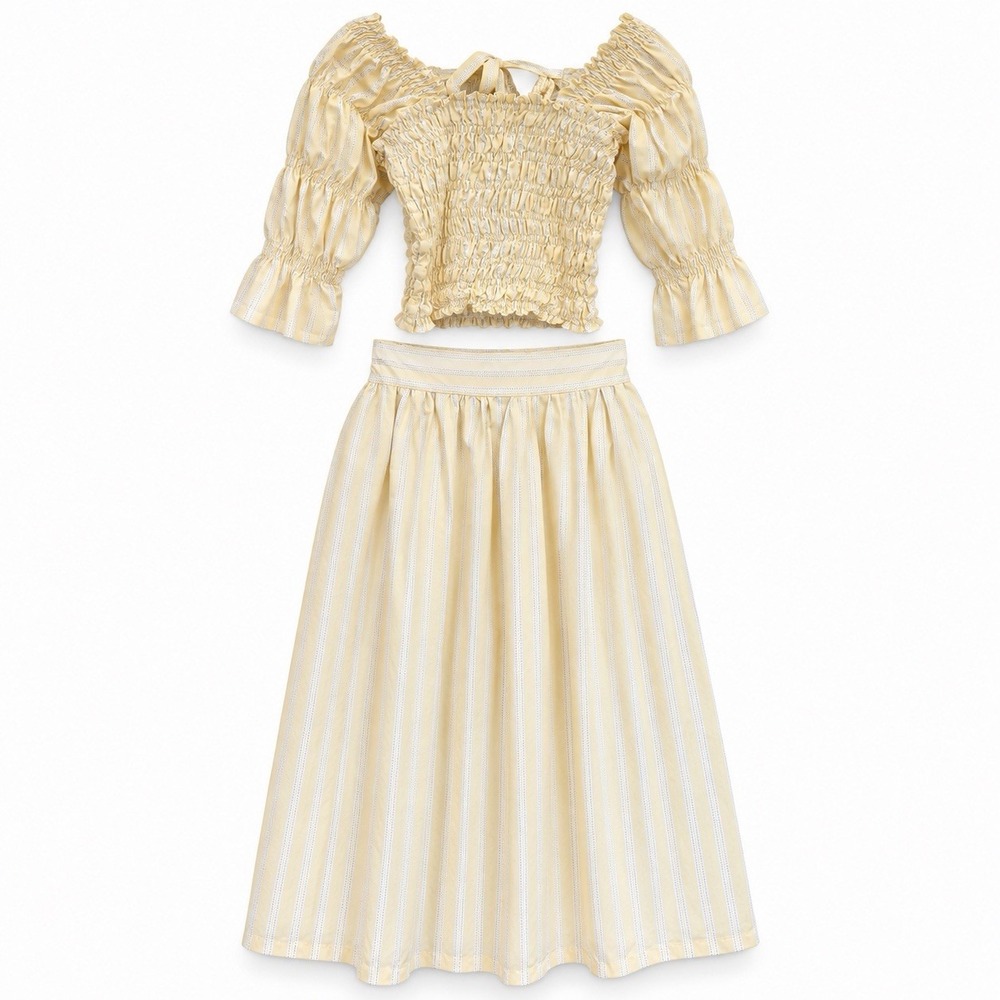 Handmade Smocked Skirt Shirt Set Yellow Striped Bohemian Women's Size M/L